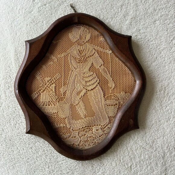 Vintage MCM White Lace Working Woman Wood Silhouette Framed hanging Wall Decor - Picture 1 of 7